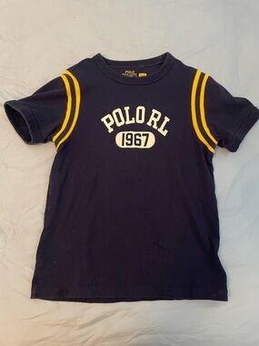 Polo by Ralph Lauren Navy Tee with Yellow Sleeve Stripes & White Logo